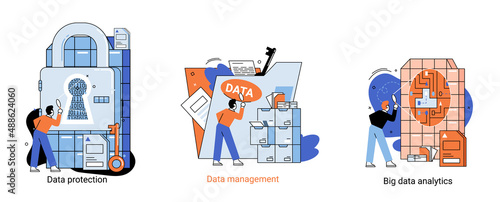 Big data analytics platform, data management and protection creative metaphor set abstract concept. Data center room disk infrastructure business information safety. Technology Internet and network
