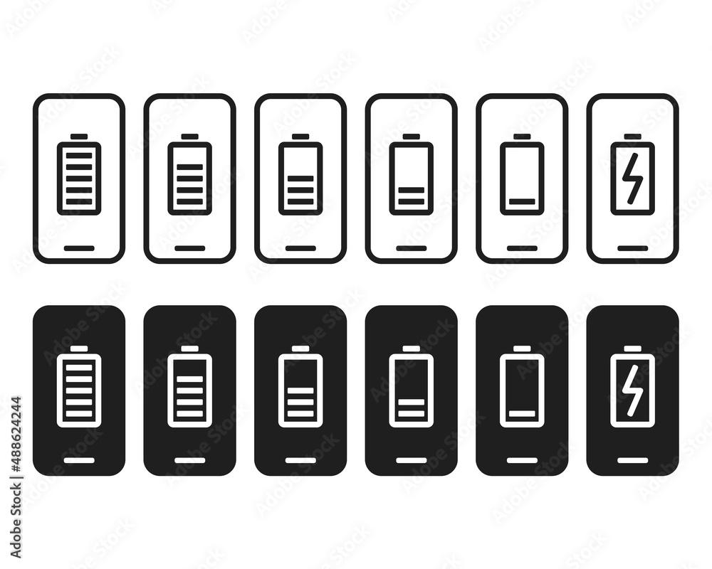 Smartphones with battery charge level indicators. Mobile charging. Vector illustration Smartphones with battery charge level indicators. Mobile charging. Vector illustration
