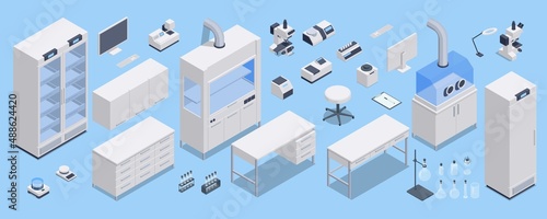 Isometric set equipments of scientist chemical laboratory. Various furniture, interior, support stand, shelf, flask, jars, bottles with liquid, dropper, test tubes, microscope, magnifier.
