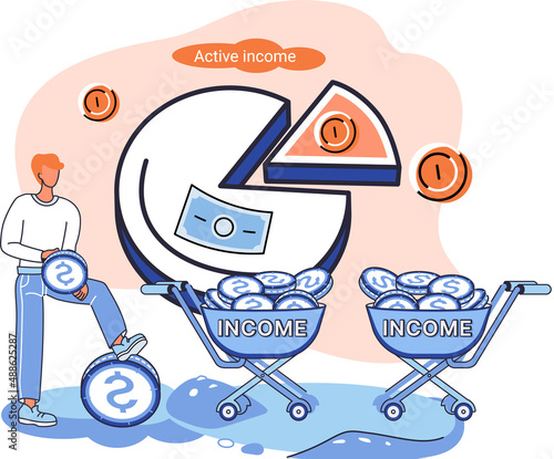 Active income obtained in course of certain activity using your knowledge and skills, getting paid for work. Works, earns salary. Idea of financial growth, business development, wages. Activity growth