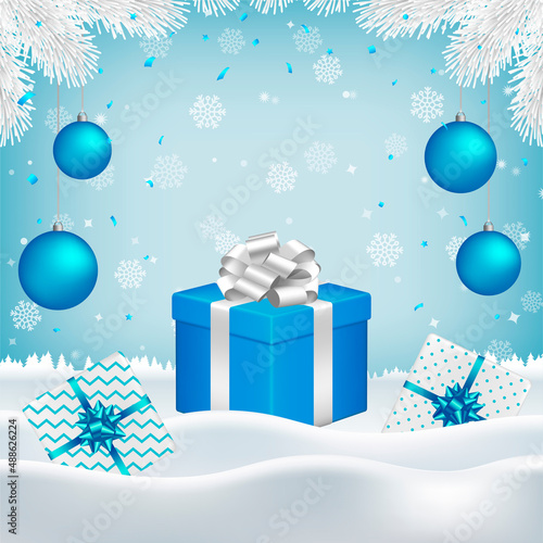 Vector Christmas, New Year background with gift boxes, blue balls, white fir branches and blank space for your text on blue backdrop with falling snowflakes and snow. © Tatsiana