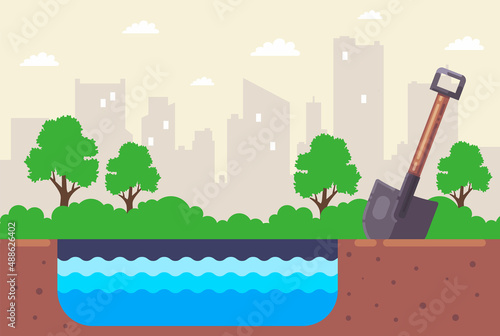 dig a hole with water. makeshift pond. flat vector illustration.