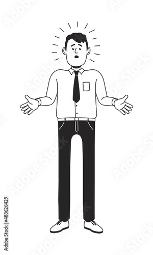 Puzzled man shrugs his shoulders and spreads his arms. Frustrated businessman. Vector line monochrome image.