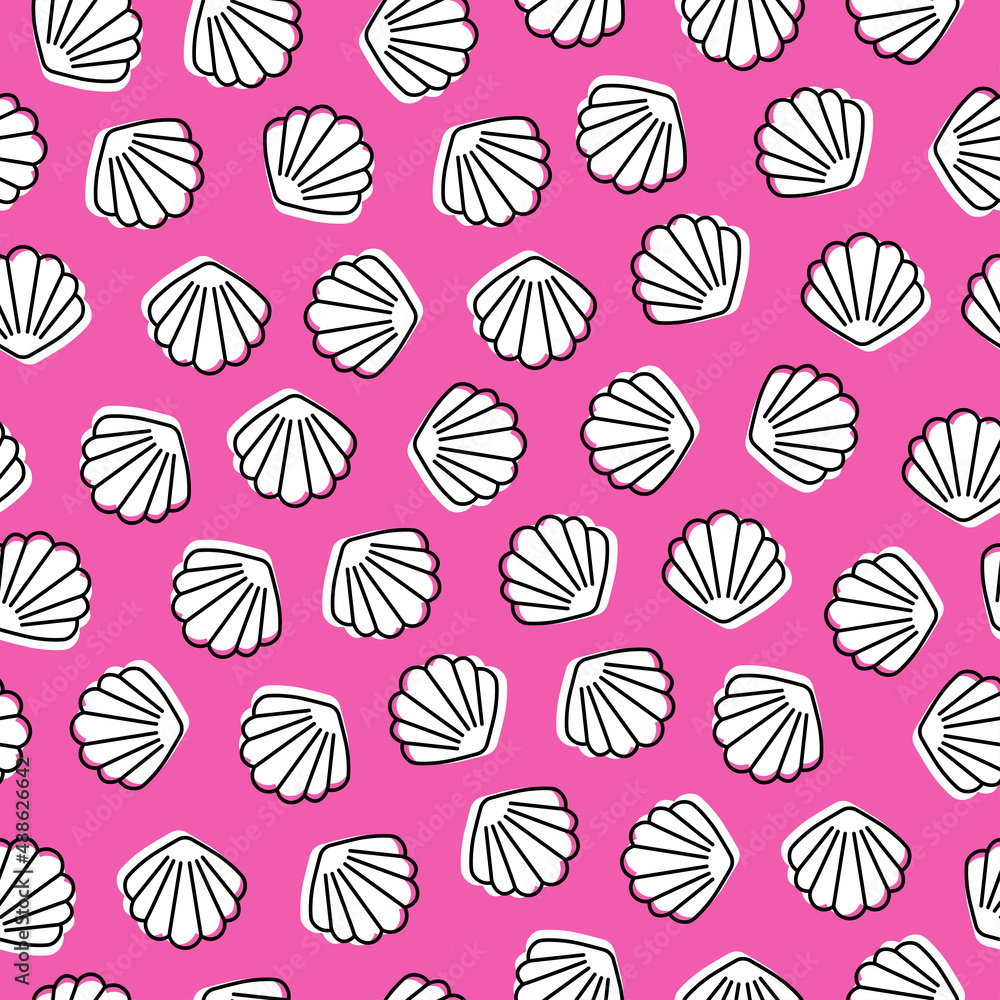 White seashell with pink background seamless pattern. White seashell with pink background seamless pattern.