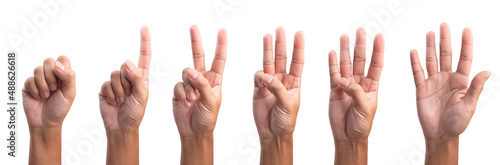 five fingers count signs isolated on white background with Clipping path included. Communication gestures concept.