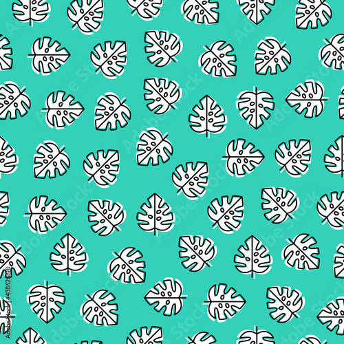 Green seamless pattern with white outline monstera leaves,.