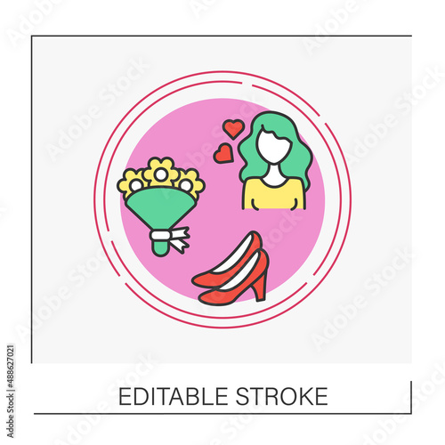 Bride concept line icon. Bridal flowers with ribbon, shoes. Wedding.Vector isolated conception metaphor illustration