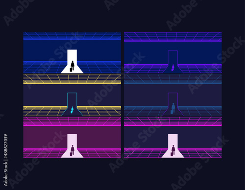 Set of Businessman Start and Steps into Future Door. Moving Forward to New Technology, Blockchain and the Next Layer of the Internet Concepts. Futuristic Tone