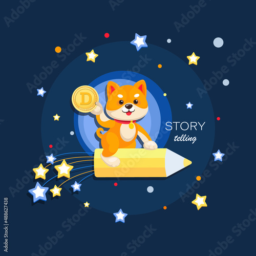 Baby doge mascot. Space. Storytelling. Puppy Shiba inu travels in space. Doge meme character emblem