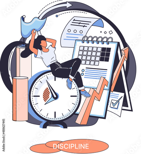 Discipline concept icon. Time management. Working day idea metaphor. Daily affairs of person, indicators of time for work, hobby, study, rest. Fulfillment of planned plans according to regulations
