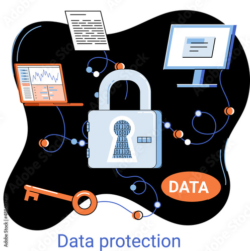 Data protection metaphor, privacy, information security. Secure data management and protect data hacker attacks. Protected access control antivirus software safe internet communication, secure storage