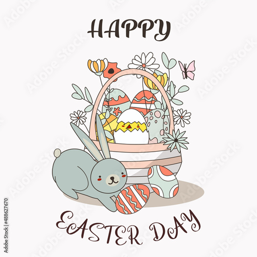 Easter basket with colorful Easter eggs and cute rabbit and chicken A greeting card. Wicker basket, spring flowers, colorful eggs. Colorful vector illustration EPS