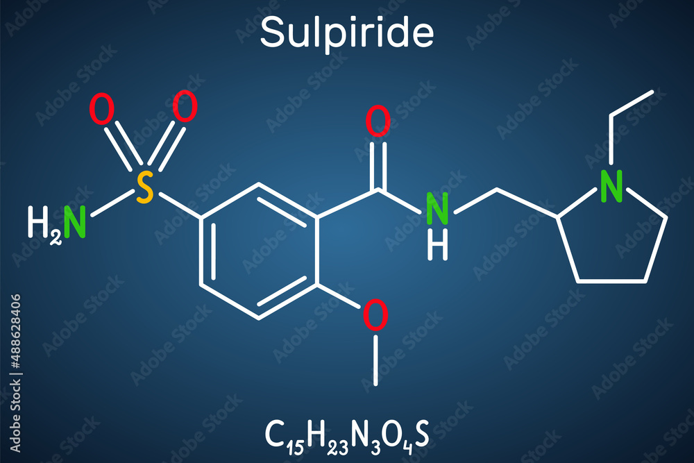 Sulpiride molecule. It is antipsychotic, neuroleptic medication for the treatment of acute and chronic schizophrenia. Structural chemical formula on the dark blue background. Sulpiride molecule. It is antipsychotic, neuroleptic medication for the treatment of acute and chronic schizophrenia. Structural chemical formula on the dark blue background.