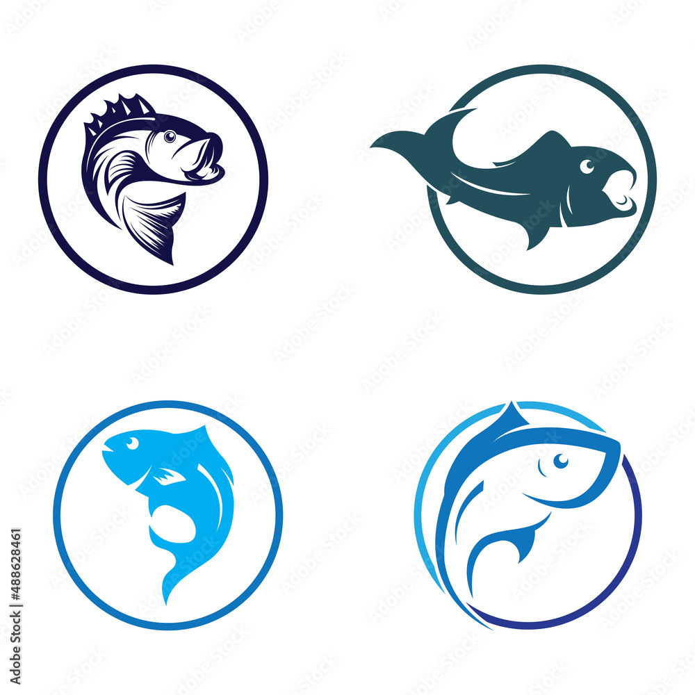 Fish logo, fishinghook, fish oil and seafood restaurant icon. With vector icon concept design illustration template Fish logo, fishinghook, fish oil and seafood restaurant icon. With vector icon concept design illustration template