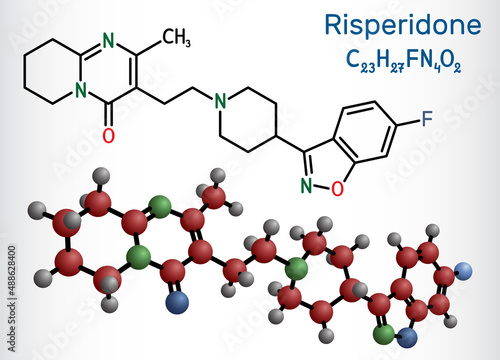 Risperidon molecule. It is antipsychotic medication, used to treat of schizophrenia, bipolar mania, psychosis, depression. Structural chemical formula and molecule model