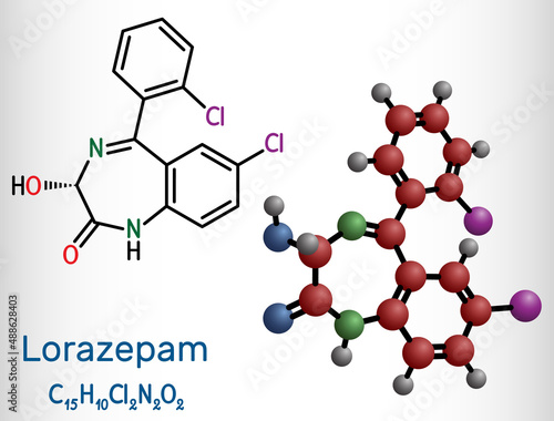 Lorazepam molecule. It is benzodiazepine with sedative, anxiolytic properties, used to treat panic disorders, severe anxiety, seizures. Structural chemical formula, molecule model.