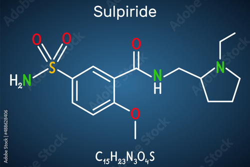 Sulpiride molecule. It is antipsychotic, neuroleptic medication for the treatment of acute and chronic schizophrenia. Structural chemical formula on the dark blue background.