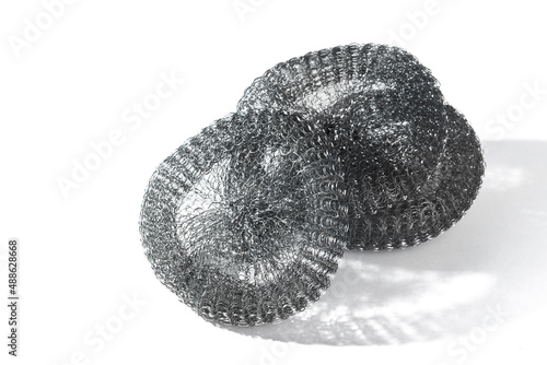 Set of stainless steel scrubbers, scouring pads (metal sponge, scrub bud) for dish washing isolated on white background