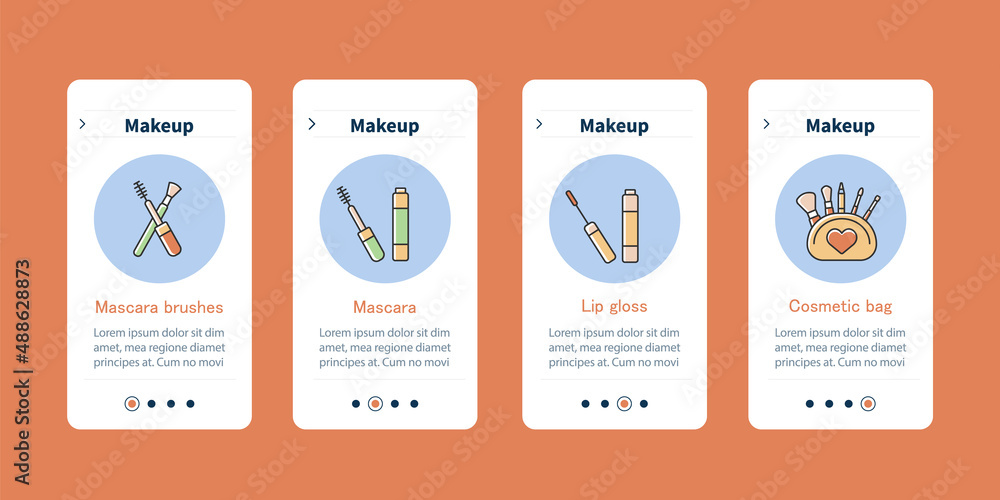 Makeup onboarding mobile app screens.Mascara brushes, lip gloss, cosmetic bag. Cosmetology steps menu. Set of UI, UX, web template with RGB color linear icons