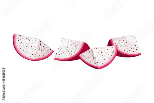 Cut Pitaya or Pitahaya Fruit of Cactus Species with White Flesh and Black, Crunchy Seed Vector Illustration