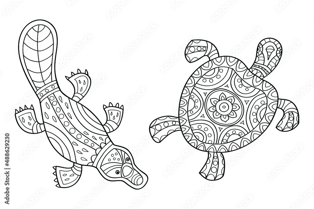 Fototapeta premium Platypus and sea turtle coloring page