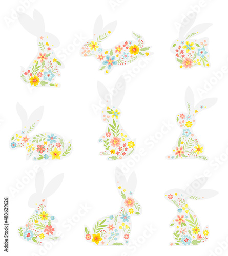 White Easter Rabbit with Flowers and Floral Decoration Inside Vector Set