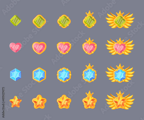 Cartoon Color Gems Award Progress Icon Set Flat Design Style Game Concept. Vector illustration of Icons