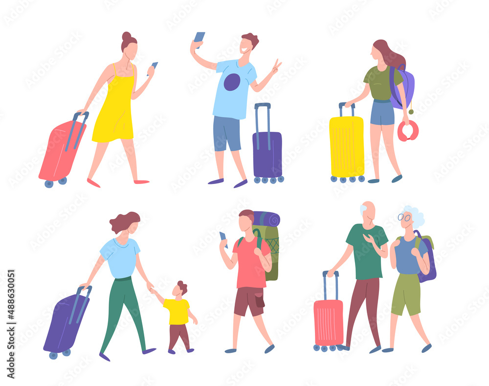 Cartoon Color Characters Tourists with Luggage Travel Concept Flat Design Style. Vector illustration of People with Backpacks and Bags