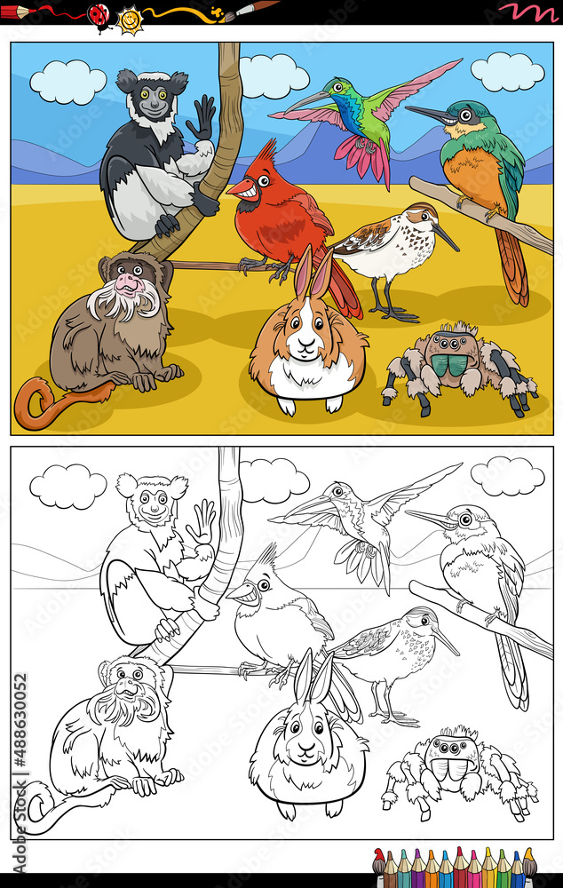 cartoon animal characters group coloring book page