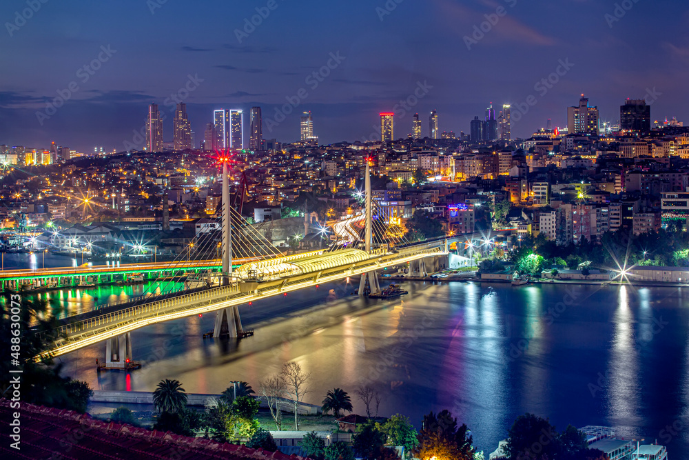 Metro station on Golden Horn bridge in Istanbul, Turkey. Golden Horn (Halic) Metro Bridge at sunset. The bridge connects the Beyoğlu and Fatih districts on the European side of Istanbul