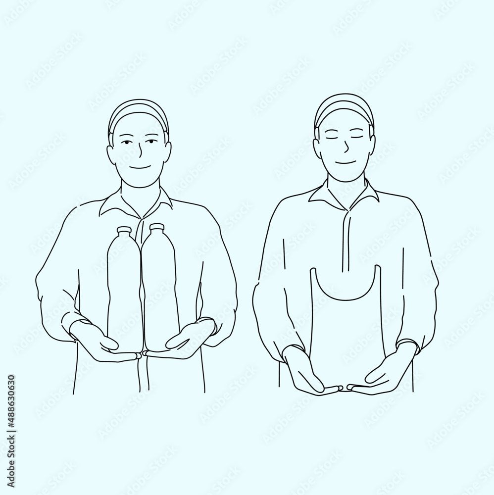 Man holding water bottle and paper bag and deliver goods to customers. hand drawn style vector design illustrations. Man holding water bottle and paper bag and deliver goods to customers. hand drawn style vector design illustrations.