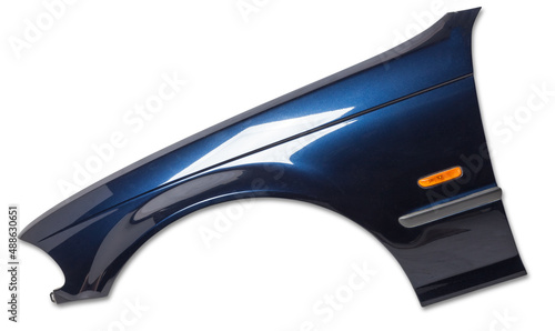 Blue metall fender on a white isolated background in a photo studio for sale or replacement in a car service. Mudguard on auto-parsing for repair or a device to protect the body from dirt. photo