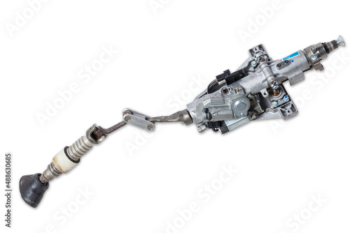 Car steering column - a car control system with the function of transmitting torque from the  wheel to gear. Includes ignition switch, direction indicator and light switch, auto undercarriage repair. photo