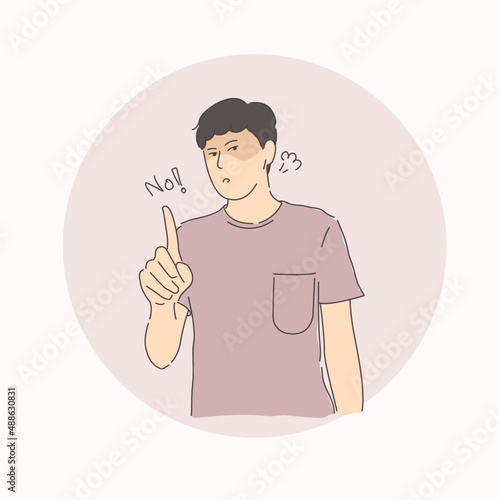 A man raised his finger and said No! and expressing angry verbs. Hand drawn in thin line style ,Vector illustration.