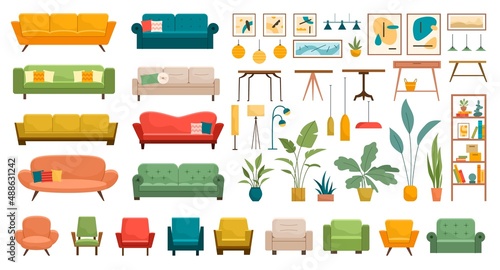 Set of furniture and decorations for house. Colorful stickers with sofas, armchairs, paintings, potted flowers, lamps and bookcase. Cartoon flat vector collection isolated on white background photo