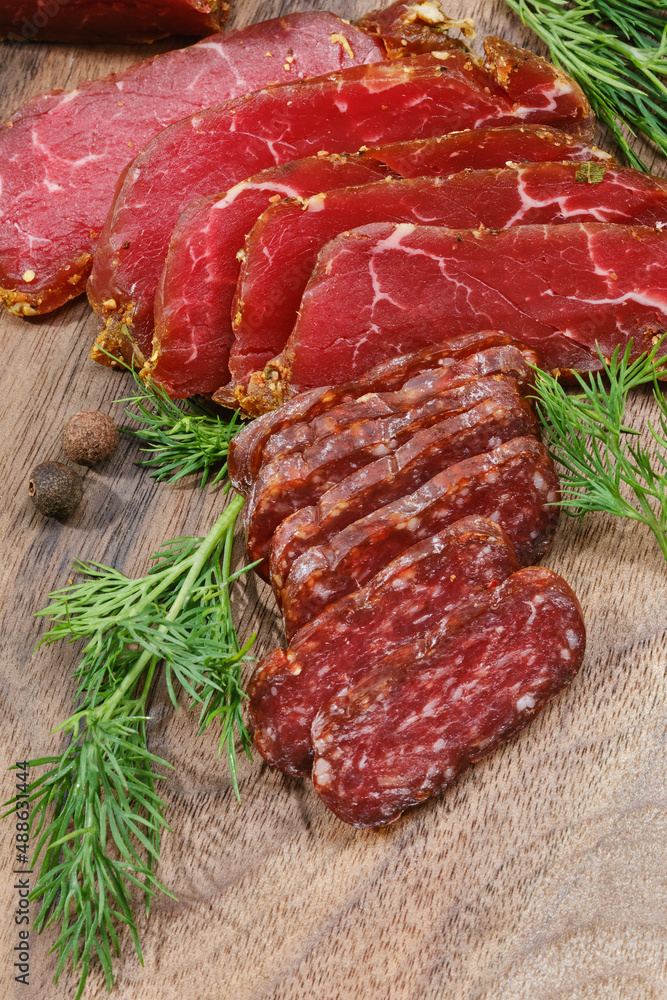 Wooden cutting board with smoked meat or sausage, prosciutto, salami. Sliced sausage on a kitchen board. Shallow depth of field Wooden cutting board with smoked meat or sausage, prosciutto, salami. Sliced sausage on a kitchen board. Shallow depth of field