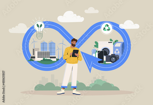 Circular economy manufacturing cycle, sustainable strategy. Reuse of energy resources and waste reduction. Alternative sources of electricity. Care of environment. Cartoon flat vector illustration