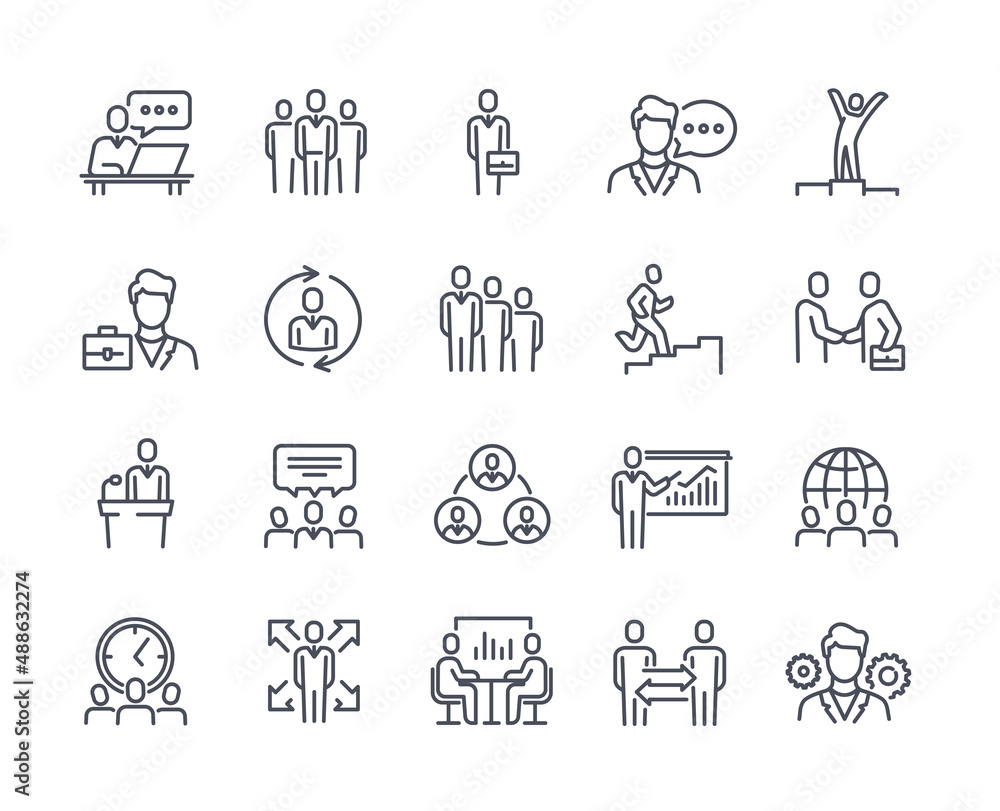 Set of Line Icons Related to Business People. Simple stickers with entrepreneurs, employees, teamwork, time management and partnership. Cartoon flat vector collection isolated on white background Set of Line Icons Related to Business People. Simple stickers with entrepreneurs, employees, teamwork, time management and partnership. Cartoon flat vector collection isolated on white background