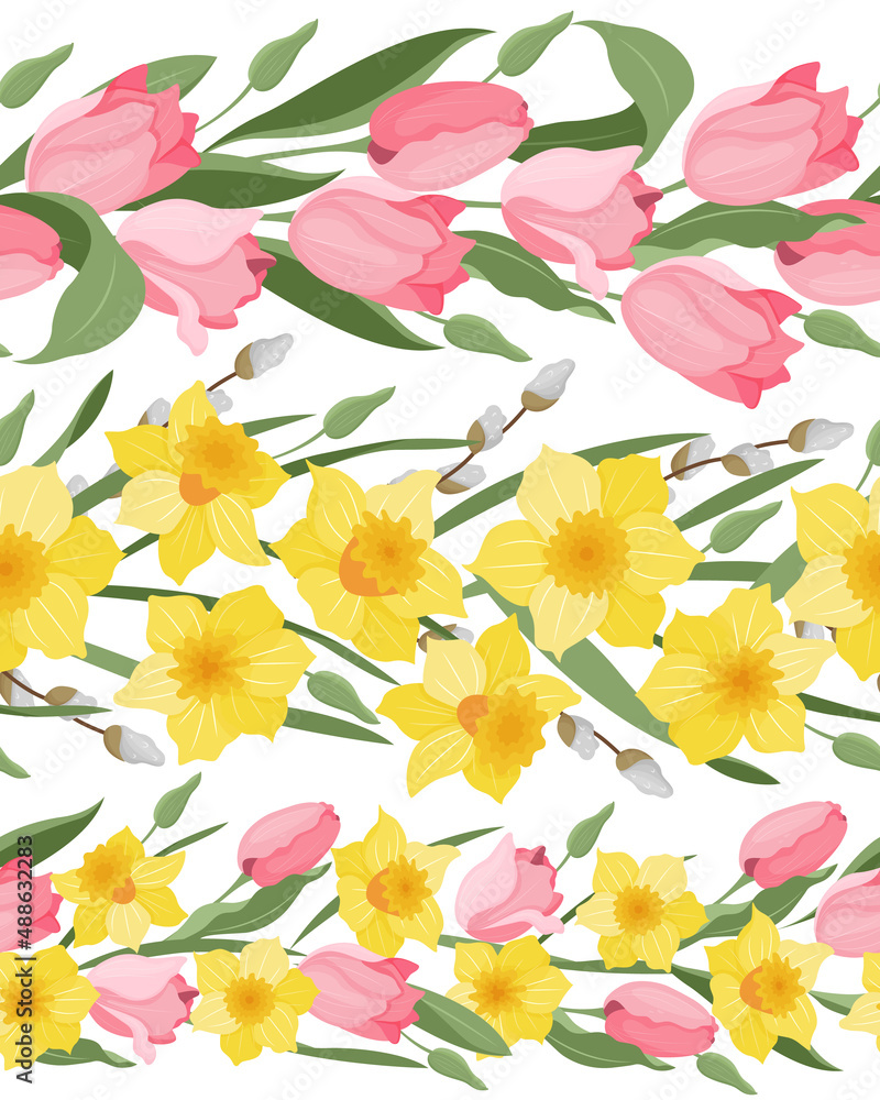 A set of vector seamless borders made of daffodils and tulips. Spring. Easter
