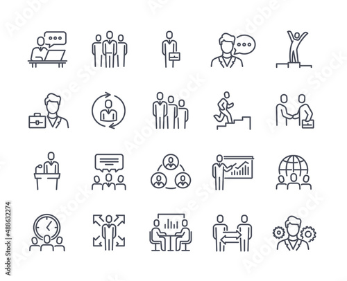 Set of Line Icons Related to Business People. Simple stickers with entrepreneurs, employees, teamwork, time management and partnership. Cartoon flat vector collection isolated on white background