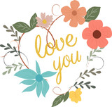 Beautiful card with flowers, leaves, abstract patterns and the inscription love. Abstract decorative flowers. The illustration is made in the style of pencil drawing