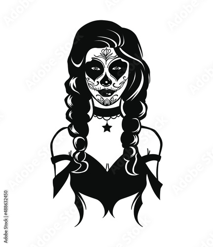 Sugar skull Girl. Day of dead girl black and white illustration