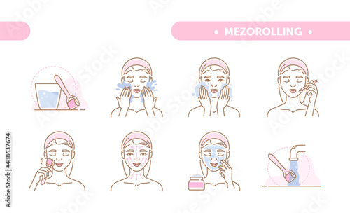 Mesotherapy procedure at home abstract concept. Girl performs wrinkle profilactics using derma roller with microneedles. Infographics with step by step instructions. Cartoon flat vector illustration