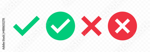 Check mark and cross mark icon set. Green checkmark and red crossmark symbols isolated on transparent background. Vector illustration.