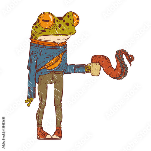 A frog with a spoiled latte, quirky vector illustration. Sketch-drawn anthropomorphic frog holding a mug of coffee with a huge tentacle climbing out of it. Hipster animal character with a human body