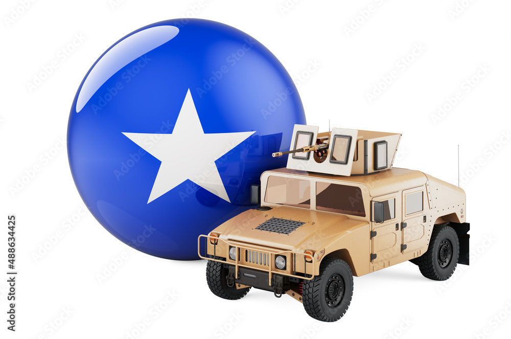 Obraz premium Military truck with Somali flag. Combat defense of Somalia, concept. 3D rendering