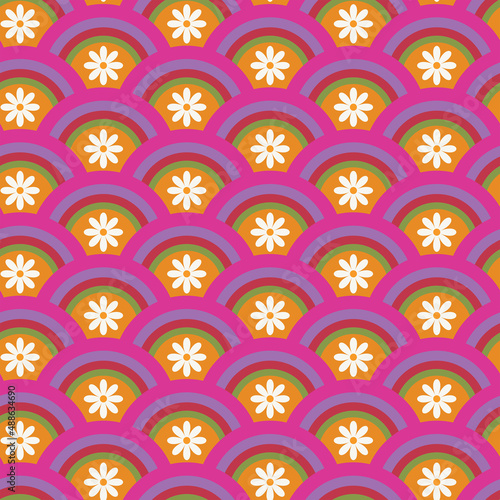 Abstract Retro 70s flower on rainbow background seamless pattern. Great for textile, home décor and wallpaper 
