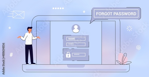 Forgot the password Concept of forgotten password, key, account access, blocked access, protection, account security Vector illustration character design concept for business Flat style Design element