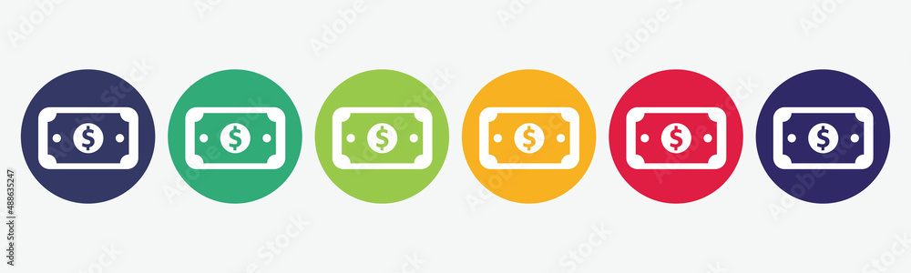 6 circles set with dollar icon in various colors. Vector illustration. 6 circles set with dollar icon in various colors. Vector illustration.