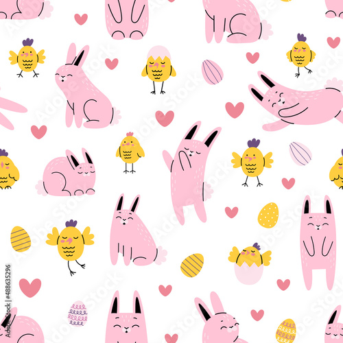 Cute seamless pattern with Easter bunnies and chicks and painted eggs on a white background. Vector cartoon illustration